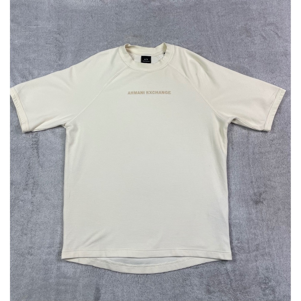 Armani Exchange Men Medium Cream Waffle Knit Short Sleeve T-Shirt Embroidered